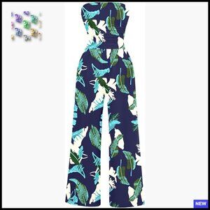 Strapless Jumpsuit Off Shoulder Backless Wide Leg Romper with Pocket Casual